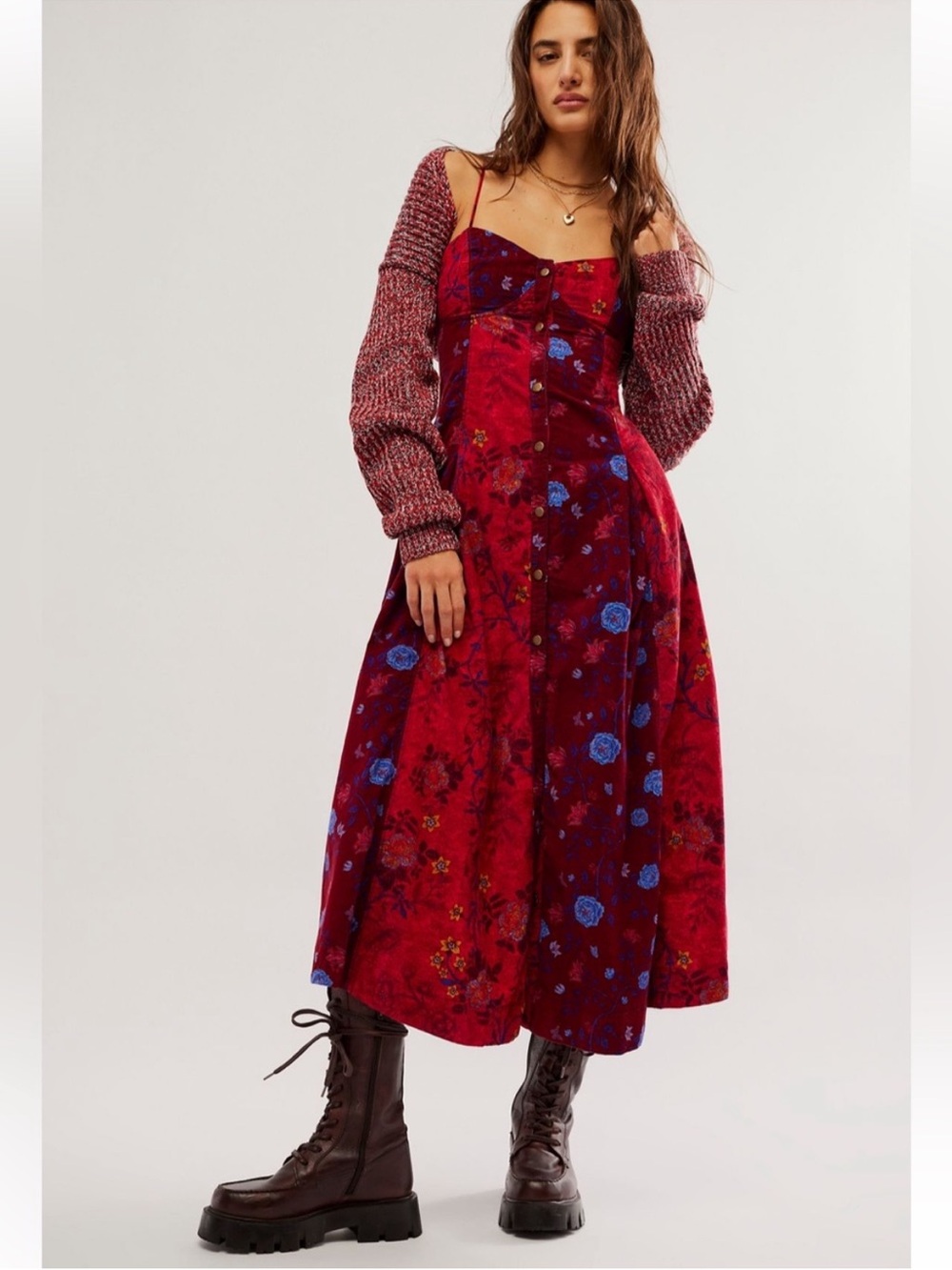 Free People Gail Corduroy Floral Button Front Midi Dress Large